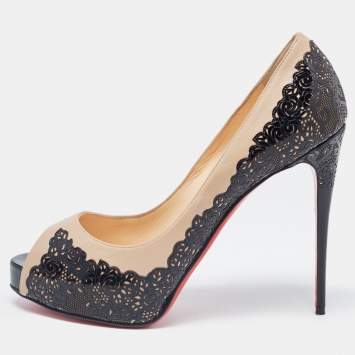 Pre Owned Christian Louboutin Two Tone Laser Cut Patent and Leather Veramucha Peep Toe Pumps Size 39