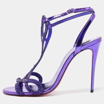 Pre Owned Christian Louboutin Purple Leather Crystal Embellished Double L Ankle Strap Sandals Size 38