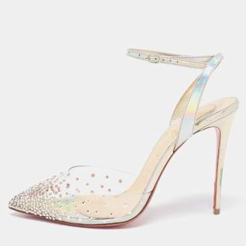Pre Owned Christian Louboutin Silver Leather Spikaqueen Ankle Strap Sandals Size 38.5