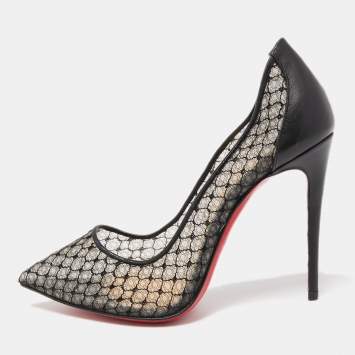 Pre Owned Christian Louboutin Black Mesh and Leather Follies Fishnet Pumps Size 35.5