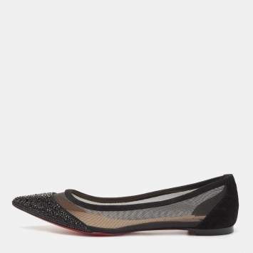 Pre Owned Christian Louboutin Black Mesh and Suede Galativi Strass Ballet Blats Size 37.5