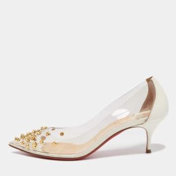 Pre Owned Christian Louboutin White Patent Leather And PVC Collaclou Spiked Pointed Toe Pumps Size 37.5