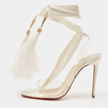 Pre Owned Christian Louboutin White Satin and PVC Marie Edwina Ankle Wrap Sandals Size 36