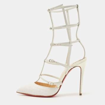 Pre Owned Christian Louboutin White Leather Kadreyana Cage Pointed Toe Pumps Size 36
