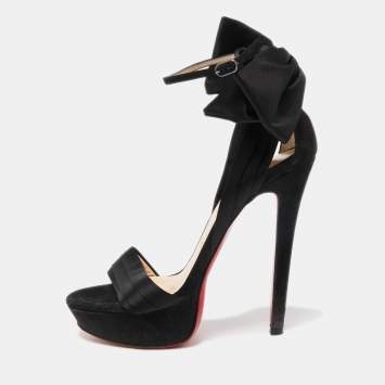 Pre Owned Christian Louboutin Black Satin and Suede Vampanodo Bow Platform Ankle Strap Size 35.5