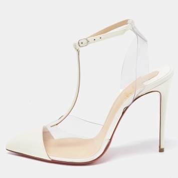 Pre Owned Christian Louboutin White Patent Leather and PVC Nosy T-Strap Pumps Size 36.5