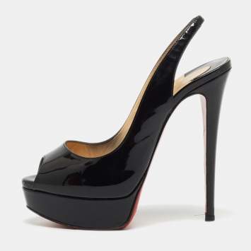 Pre Owned Christian Louboutin Black Patent Leather Private Number Peep Toe Platform Slingback Pumps Size 37