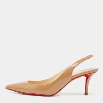 Pre Owned Christian Louboutin Beige Patent Leather Kate Slingback Pumps Size 37.5