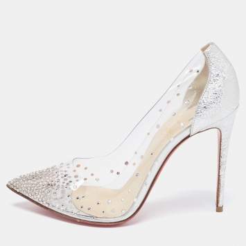 Pre Owned Christian Louboutin Silver Foil Leather and PVC Degrastrass Pointed Toe Pumps Size 37.5