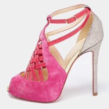Pre Owned Christian Louboutin Pink/Metallic Bronze Suede and Leather Ankle Strap Sandals Size 37