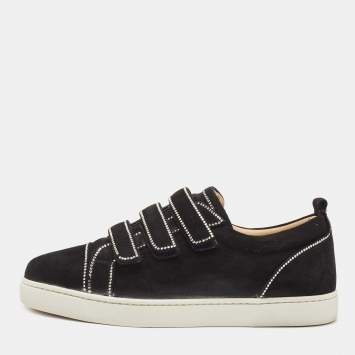 Pre Owned Christian Louboutin Black Suede Kiddo Bordo Embellished Velcro Low Top Sneakers Size 38.5