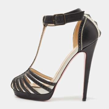 Pre Owned Christian Louboutin Black Perforated Leather Strappy T-Bar Platform Sandals Size 38
