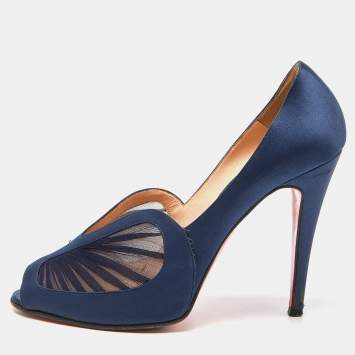 Pre Owned Christian Louboutin Navy Blue Satin Papilipi Peep Tote Pumps Size 40.5 