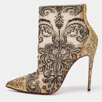 Pre Owned Christian Louboutin Gold/Black Embroidered Mesh and Leather Gipsy Ankle Boots Size 39