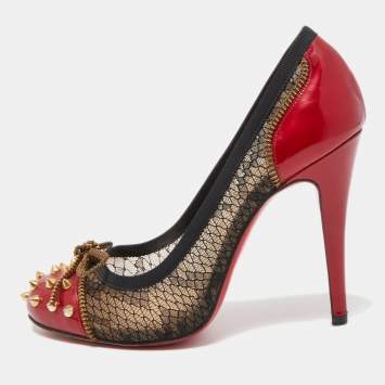 Pre Owned Christian Louboutin Black/Red Lace and Patent Leather Candy Spike Pumps Size 36