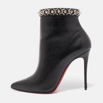 Pre Owned Christian Louboutin Black Leather Booty Chain Ankle Boots Size 39