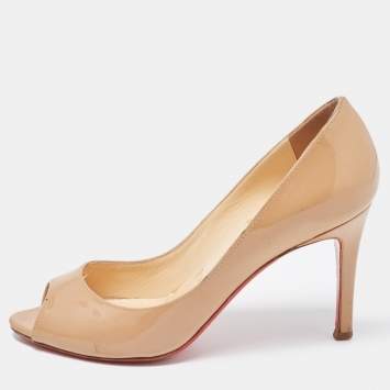 Pre Owned Christian Louboutin Beige Patent Flo  Open Toe Pumps Size 34.5