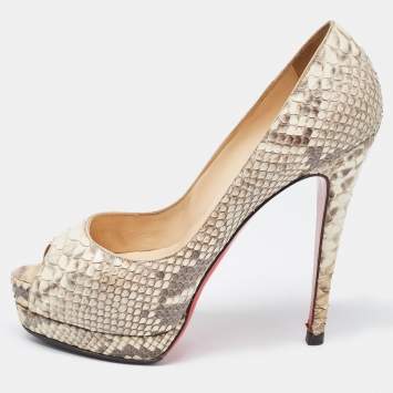Pre Owned Christian Louboutin Cream/Brown Python Lady Peep Pumps Size 37.5