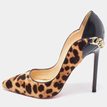Pre Owned Christian Louboutin Brown Patent and Calf hair Leopard Print Hot Chick  Pumps Size 37.5