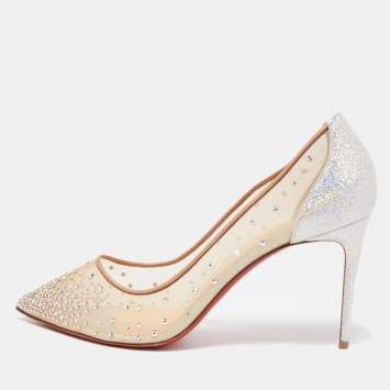 Pre Owned Christian Louboutin Silver/Beige Mesh and Texture Leather  Follies Pumps Size 41