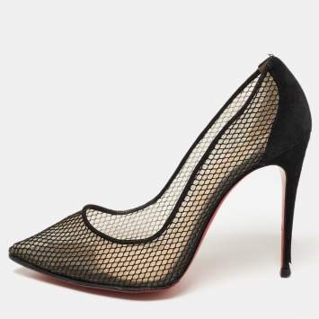 Pre Owned Christian Louboutin Black Mesh and Suede Follies Resille Pumps Size 37.5