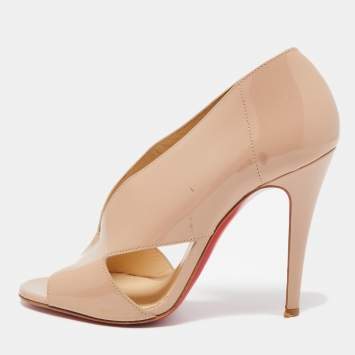 Pre Owned Christian Louboutin Beige Patent Cutout Accent Booties Size 37.5
