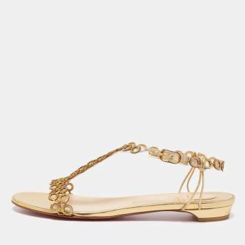 Pre Owned Christian Louboutin Gold Laser Cut Leather and PVC Flat Sandals Size 38.5