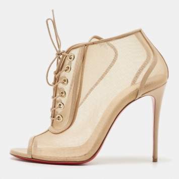 Pre Owned Christian Louboutin Beige Mesh and Leather Open Ondessa Lace Up Booties Size 37
