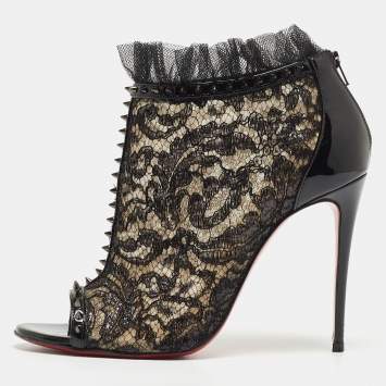 Pre Owned Christian Louboutin Black Lace and Patent Leather Juliettra Booties Size 37