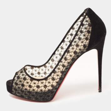 Pre Owned Christian Louboutin Black Lace and Suede New Very Prive Pumps Size 37.5