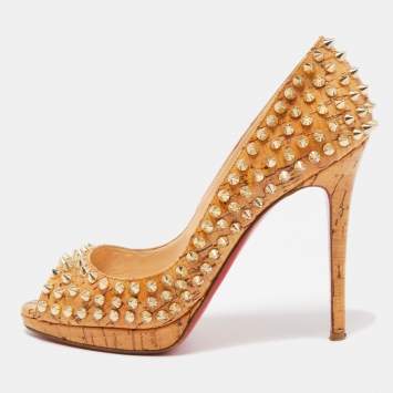 Pre Owned Christian Louboutin Beige Cork Yolanda Spike Pumps Size 37