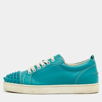 Pre Owned Christian Louboutin Turquoise Leather Louis Junior Spikes Sneakers Size 38