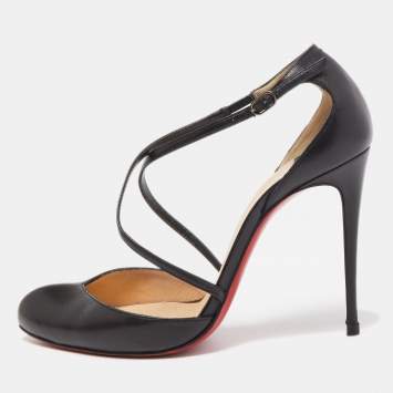 Pre Owned Christian Louboutin Black Leather Cross Ankle Strap Pumps Size 37