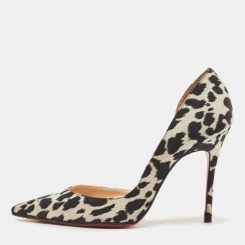 Pre Owned Christian Louboutin Black/White Animal Print Fabric Iriza Pumps Size 35