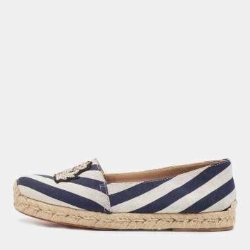 Pre Owned Christian Louboutin Blue/White Striped Canvas Galia Espadrille Flats Size 36