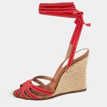 Pre Owned Christian Louboutin Red Fabric Wedge Espadrille Ankle Wrap Sandals Size 37