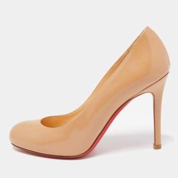 Pre Owned Christian Louboutin Beige Patent Simple Pumps Size 35.5