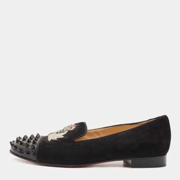 Pre Owned Christian Louboutin Black Suede Harvanana Spiked Smoking Slippers Size 36.5