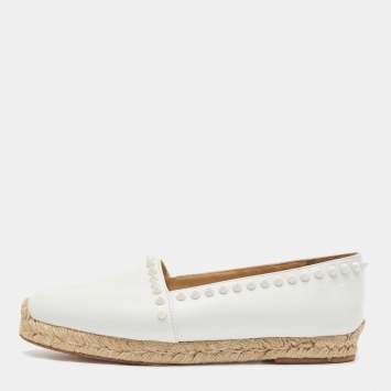 Pre Owned Christian Louboutin White Leather Melides Spike Trim Espadrille Flats Size 36 