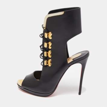 Pre Owned Christian Louboutin Black Leather Lace Up Peep Toe Boots Size 36