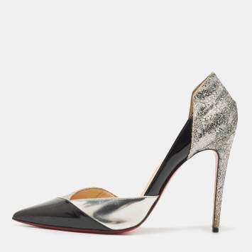Pre Owned Christian Louboutin Silver/Black Patent and Glitter Tac Clac Pumps Size 38.5