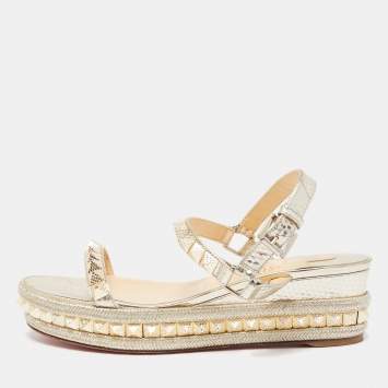 Pre Owned Christian Louboutin Gold Leather Pyraclou Wedge Sandals Size 39