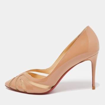 Pre Owned Christian Louboutin Beige Patent Leather and Mesh Pumps Size 36