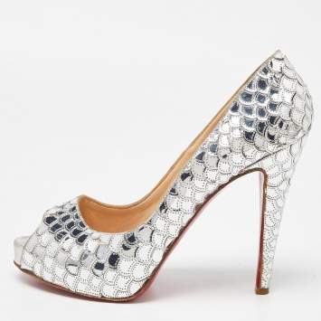 Pre Owned Christian Louboutin Silver Scaled Leather Poseidon Pumps Size 39