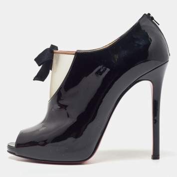 Pre Owned Christian Louboutin Black Patent Leather and Mesh Ankle Booties Size 40