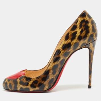 Pre Owned Christian Louboutin Brown/Beige Leopard Print Patent Leather Doracora Pumps Size 38