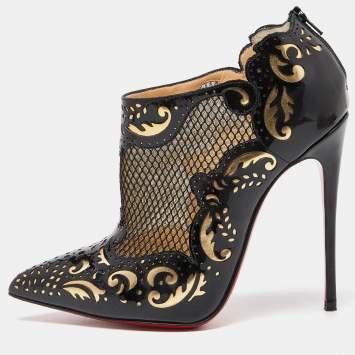 Pre Owned Christian Louboutin Black/Gold Laser Cut Patent Leather Mandolina Booties Size 35