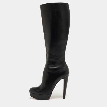 Pre Owned Christian Louboutin Black Leather Bianca Platform Knee Length Boots Size 39.5