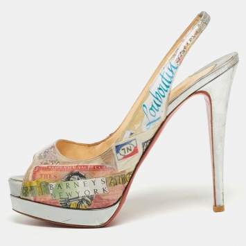 Pre Owned Christian Louboutin Multicolor PVC Trash Collection Lady Peep Sling Pumps Size 38.5