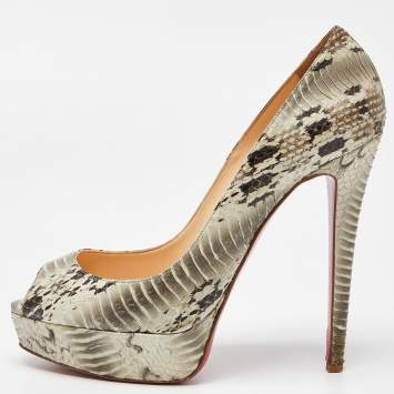 Pre Owned Christian Louboutin Grey Watersnake Leather Lady Peep Pumps Size 40